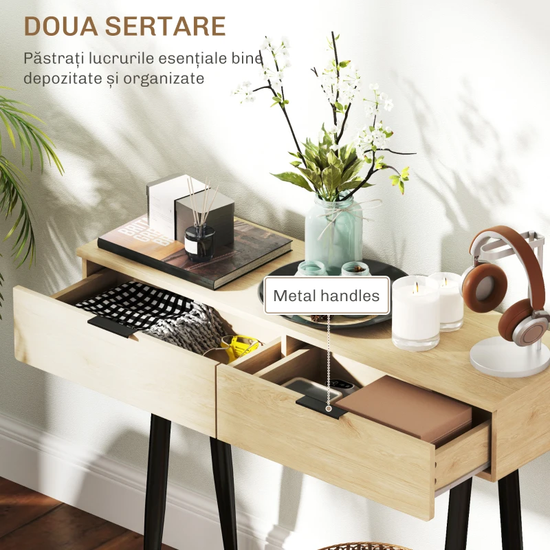 HOMCOM Consolă de Intrare cu 2 Sertare, Masă Consolă din Lemn cu Picioare din Oțel, 100x30x80,5 cm, Lemn Natural