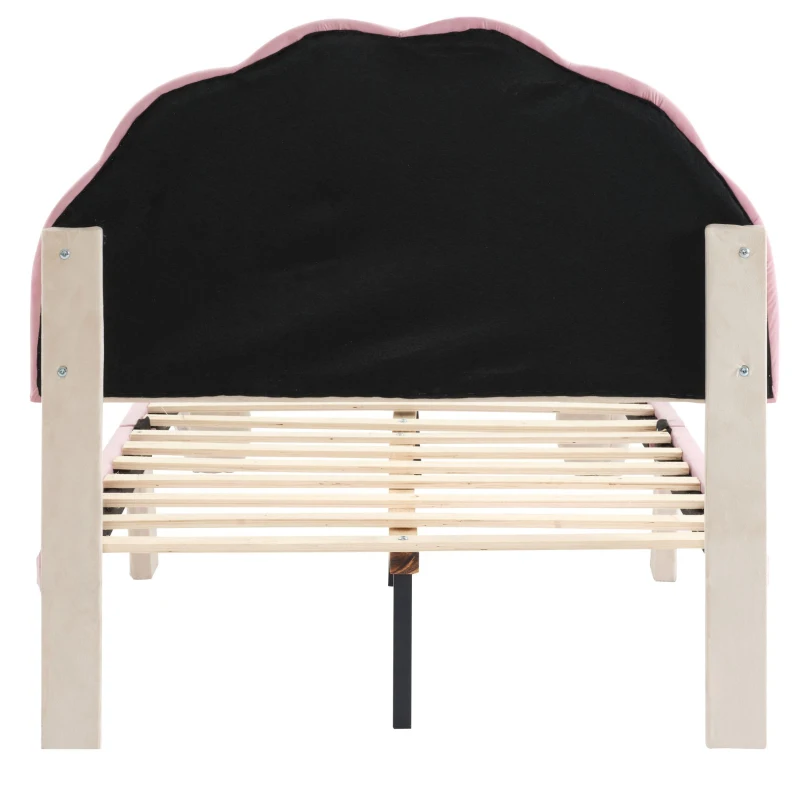 Lit rembourré avec bande lumineuse LED et tête de lit ondulée, pieds rembourrés, sans matelas, 90×200 cm, Blanc+Rose
