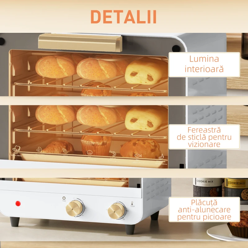 HOMCOM Cuptor Electric cu 2 Înălțimi cu Temporizator și Temperatură Reglabilă, 31,5x27,7x22,7 cm, Alb
