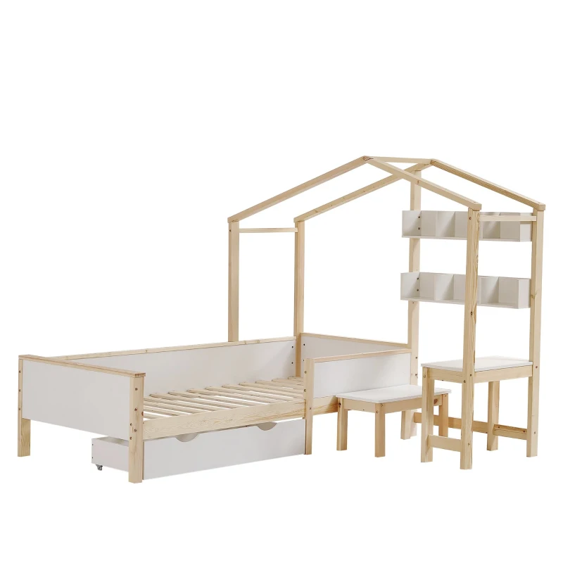 Lit pour enfant en forme de maison avec tiroirs et étagères, sans matelas, 90x200 cm, Blanc