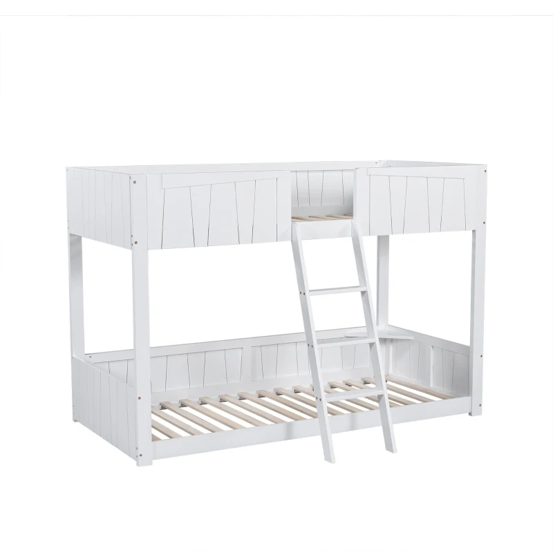 Letto a castello per bambini 6+ anni con scala a tre gradini e barriera di sicurezza, 90x200 cm, Bianco