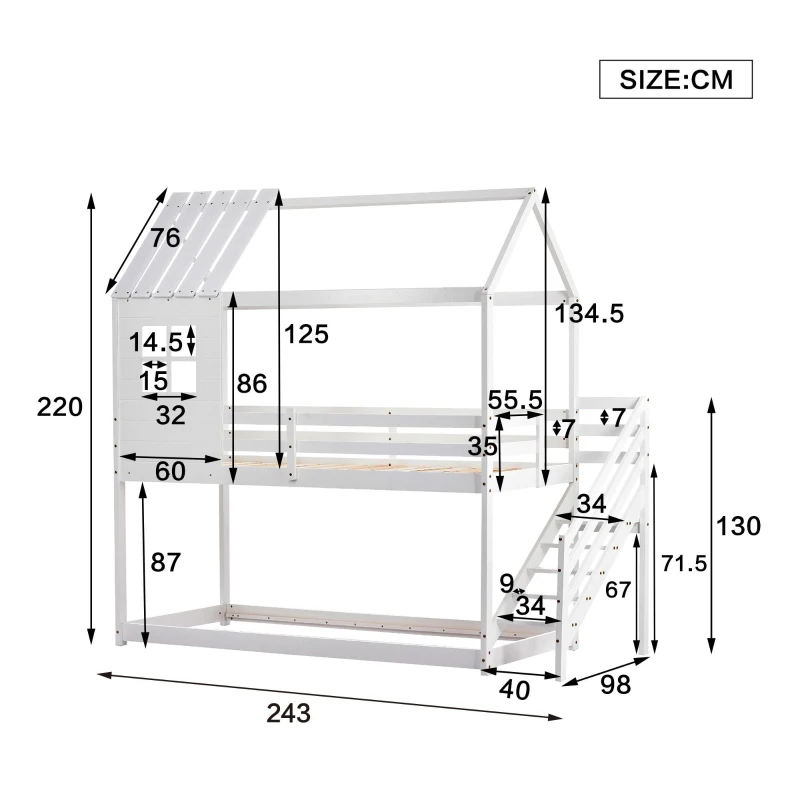 Letto a castello con scala e finestra, letto per bambini con protezione anticaduta e sponde, senza materasso, 200x90 cm, Bianco