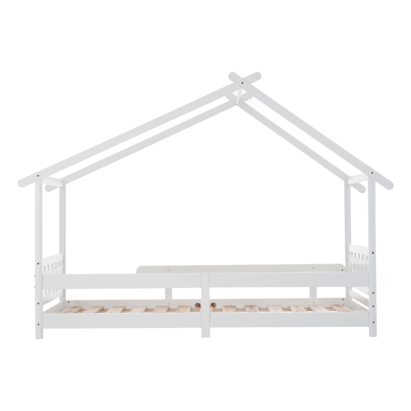 Lit maison en bois avec barrière et sommier à lattes,sans matelas, 90x200 cm, Blanc