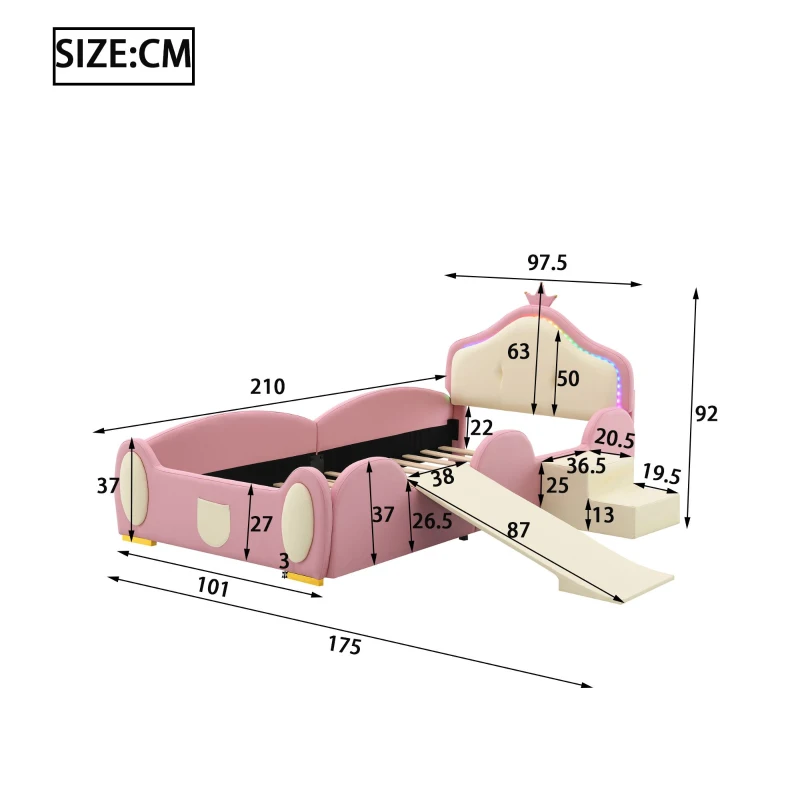 Letto Principessa con Striscia LED, Scivolo e Scala, Design Cartoon con Corona, Senza Materasso, 90x200 cm, Rosa