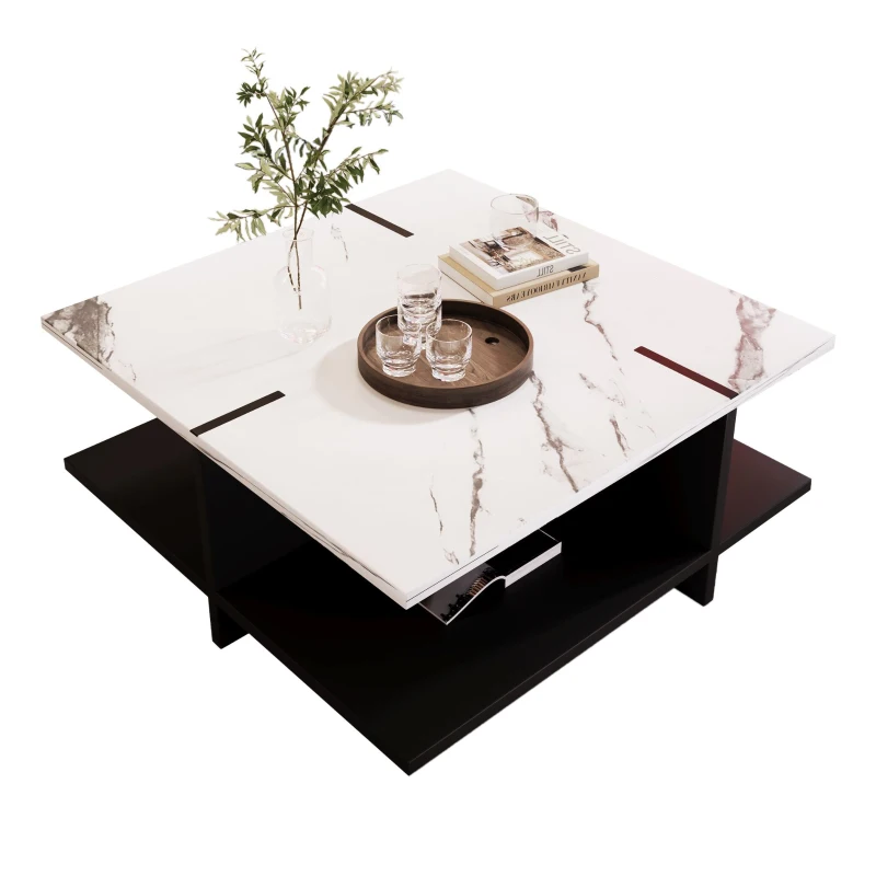 Tavolino quadrato, design moderno minimalista, effetto marmo bianco, Nero+Bianco