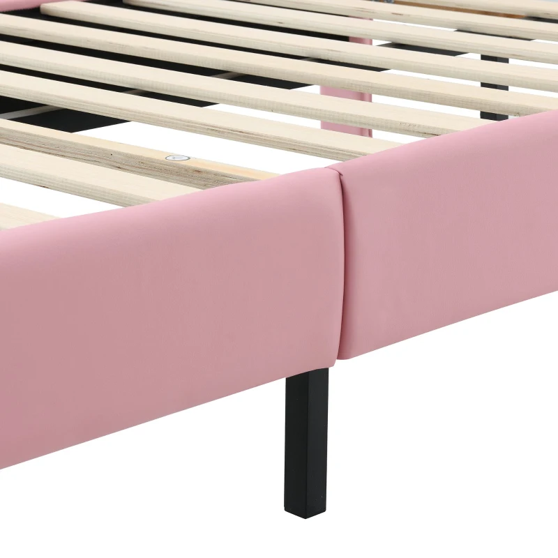 Letto Imbottito con Striscia LED, Testiera con Fiocco Rosa, Rivestimento in PU, Senza Materasso, 90×200 cm, Bianco e Rosa