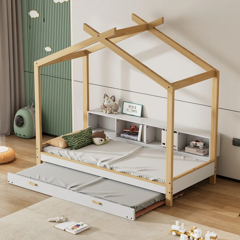 Letto per bambini con quattro scomparti a scaffale e letto estraibile, letto a casetta, 90x200 cm & 90x190 cm, Bianco+naturale