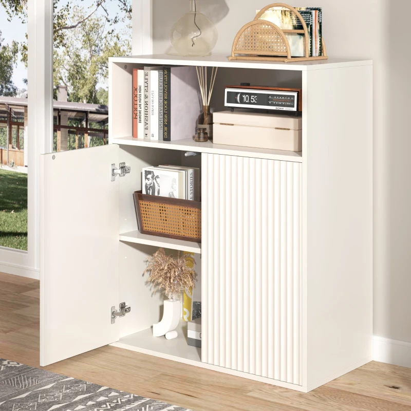 Credenza con due ante magnetiche, mobile multifunzionale per cucina e soggiorno, Bianco