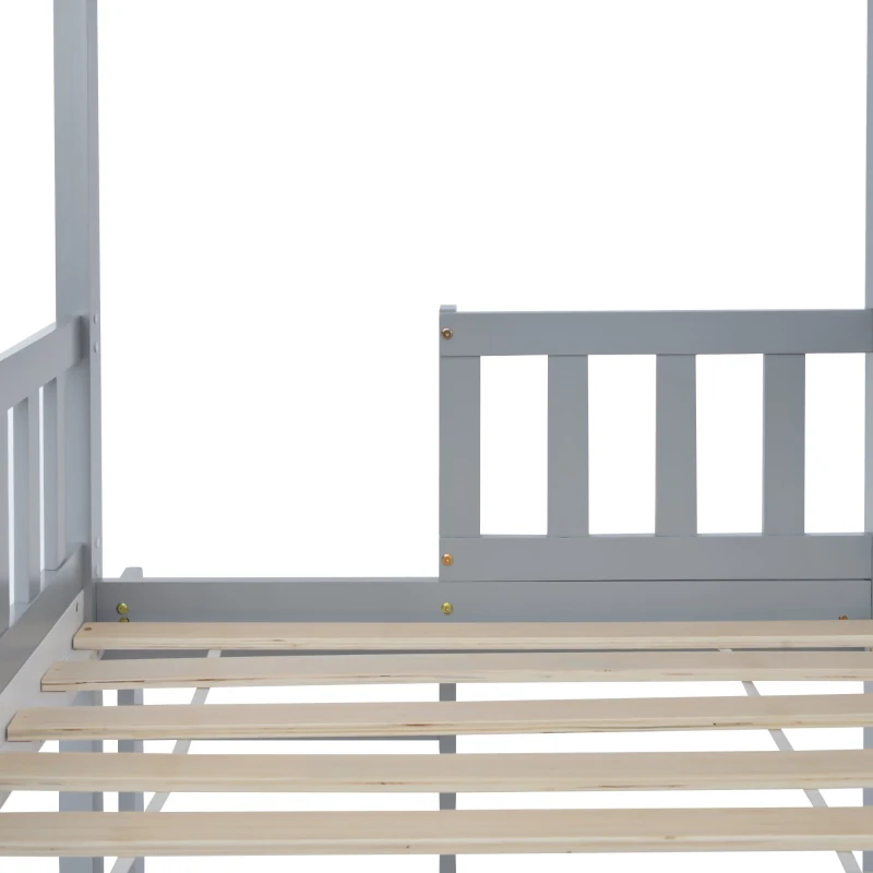 Letto a castello con scala verticale e protezione anticaduta, letto a casetta, senza materasso, 90x200 cm, Bianco+Grigio