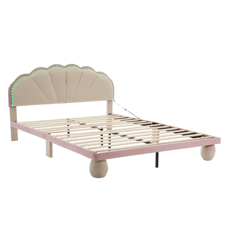 Lit rembourré avec bandes lumineuses multicolores et tête de lit ondulée, sans matelas, 140×200 cm, Blanc+Rose