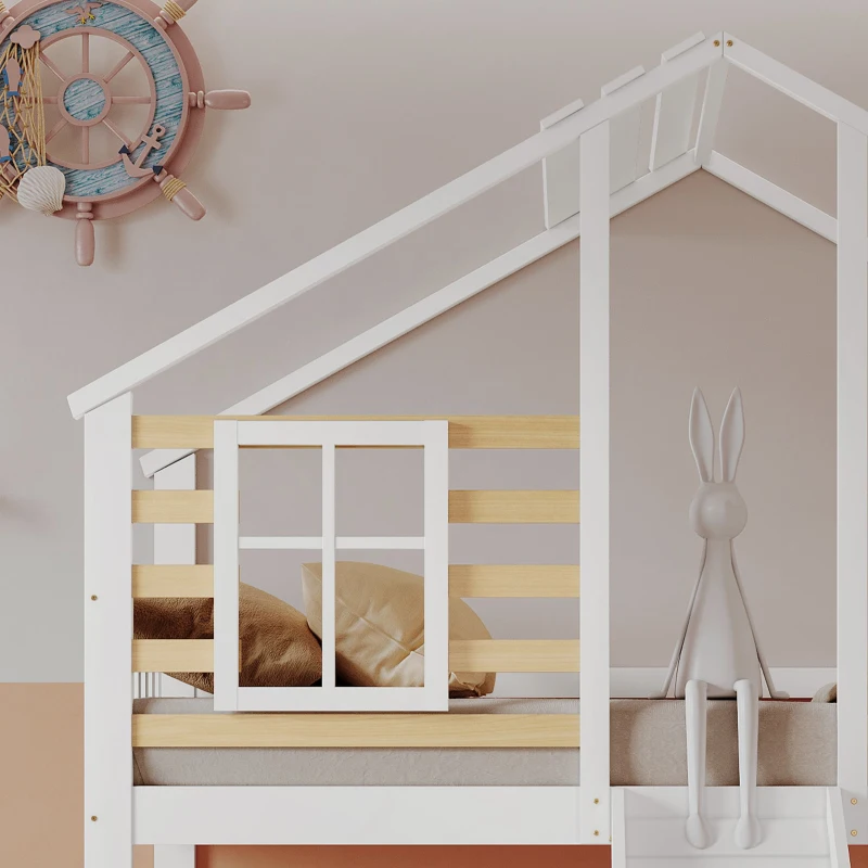 Lit superposé avec escalier et barrière, avec toboggan et fenêtre, sans matelas, 90x200 cm, Blanc