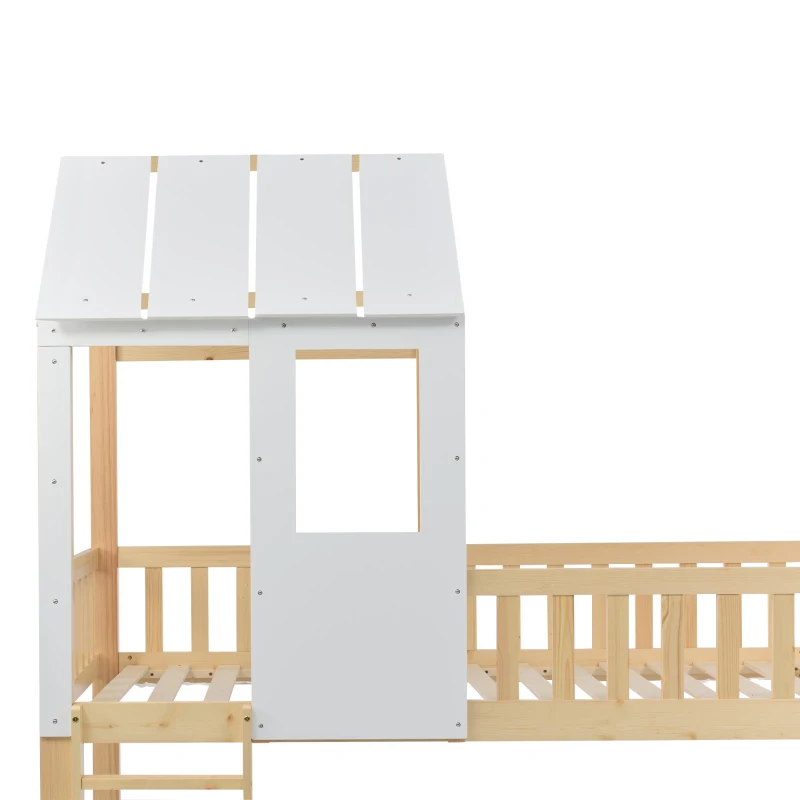 Letto a castello per bambini 6+ anni con scala ad angolo retto e scivolo, letto a casetta, 200x90 cm,naturale