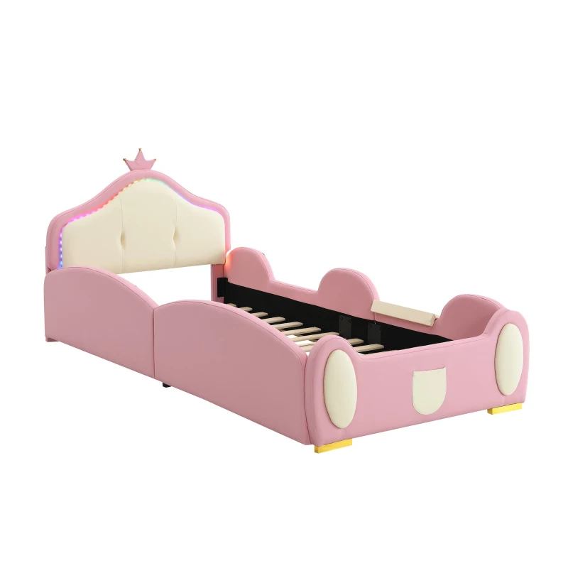 Letto Principessa con Striscia LED, Scivolo e Scala, Design Cartoon con Corona, Senza Materasso, 90x200 cm, Rosa