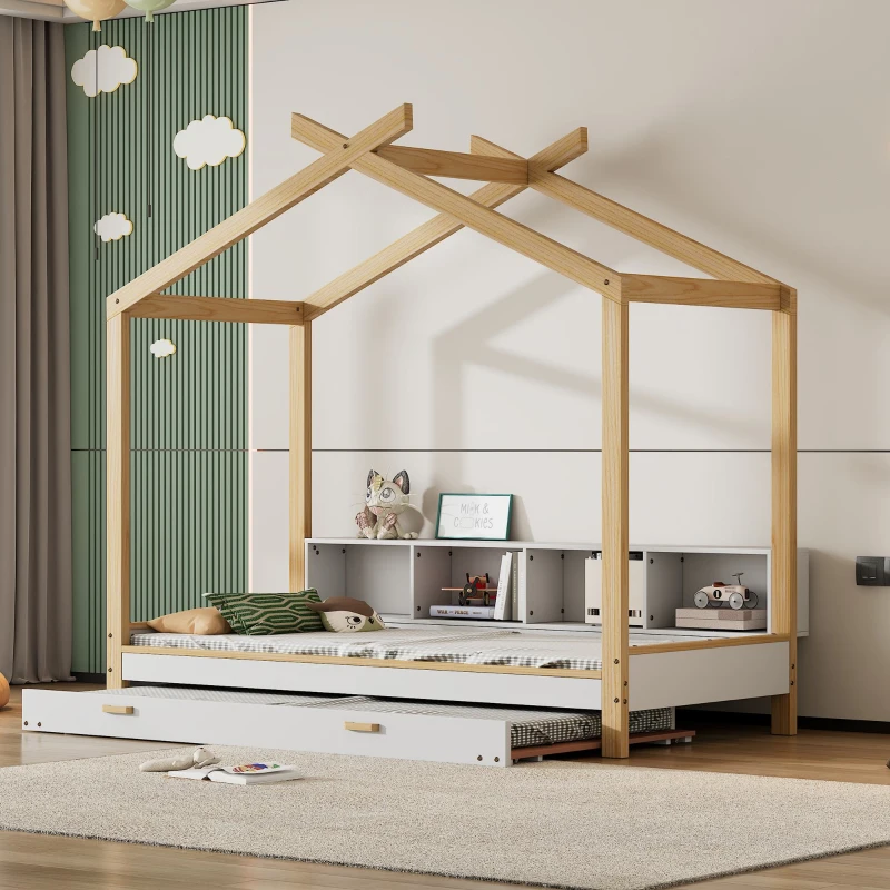 Letto per bambini con quattro scomparti a scaffale e letto estraibile, letto a casetta, 90x200 cm & 90x190 cm, Bianco+naturale