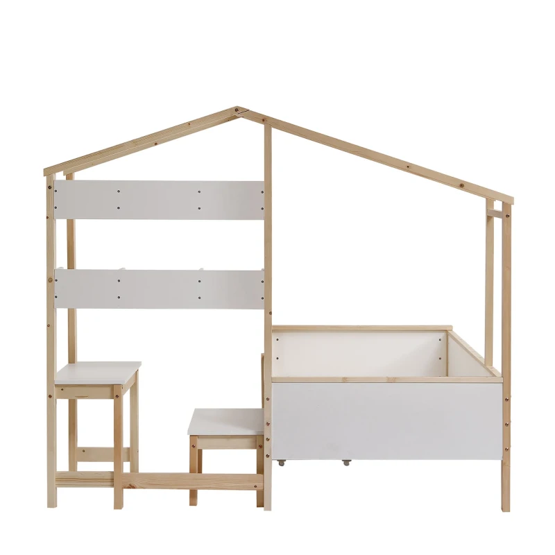Lit pour enfant en forme de maison avec tiroirs et étagères, sans matelas, 90x200 cm, Blanc