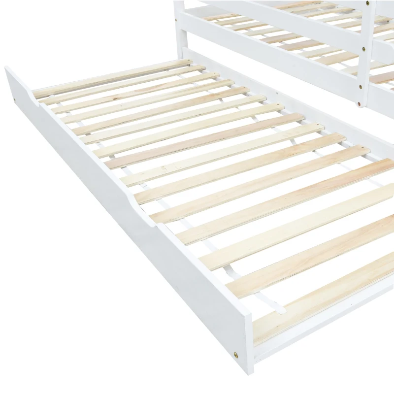 Lit cabane avec lit gigogne et roulettes, sans matelas, 90x200 & 90x190 cm, Blanc