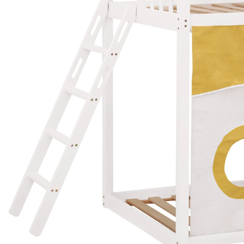 Letto a castello per bambini 6+ anni con scala, scivolo e scaffale, 90×200 cm, Bianco