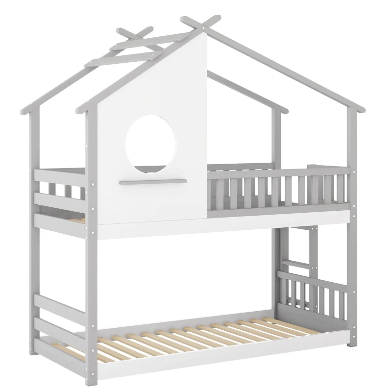 Lit superposé avec échelle perpendiculaire et protection contre les chutes, lit maison, sans matelas, 90x200 cm, Blanc+Gris