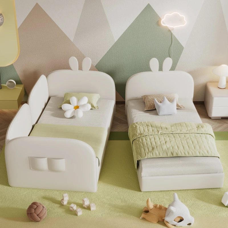 Divano letto per bambini a coniglio, 2 Letti Singoli, Struttura Imbottita, senza Materasso, 90x200 cm & 180x200 cm, Beige