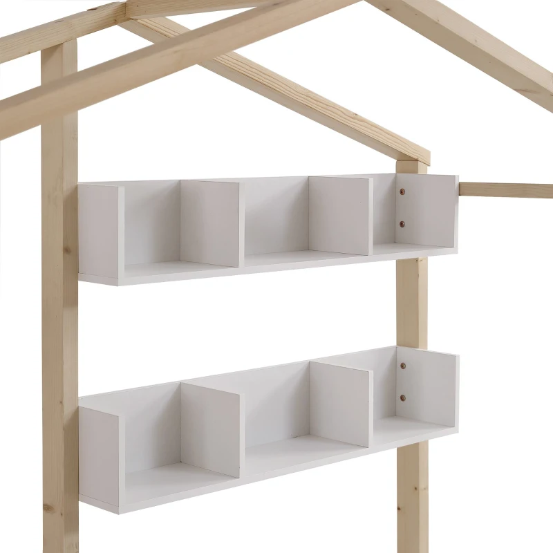 Lit pour enfant en forme de maison avec tiroirs et étagères, sans matelas, 90x200 cm, Blanc