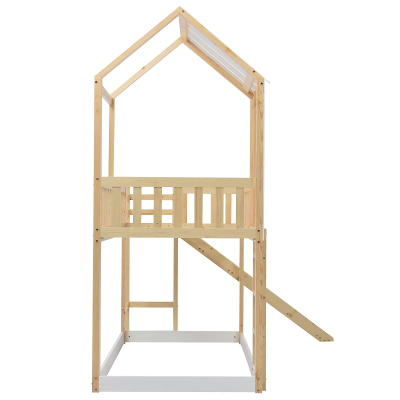 Letto a castello per bambini 6+ anni con scala ad angolo retto e scivolo, letto a casetta, 200x90 cm,naturale