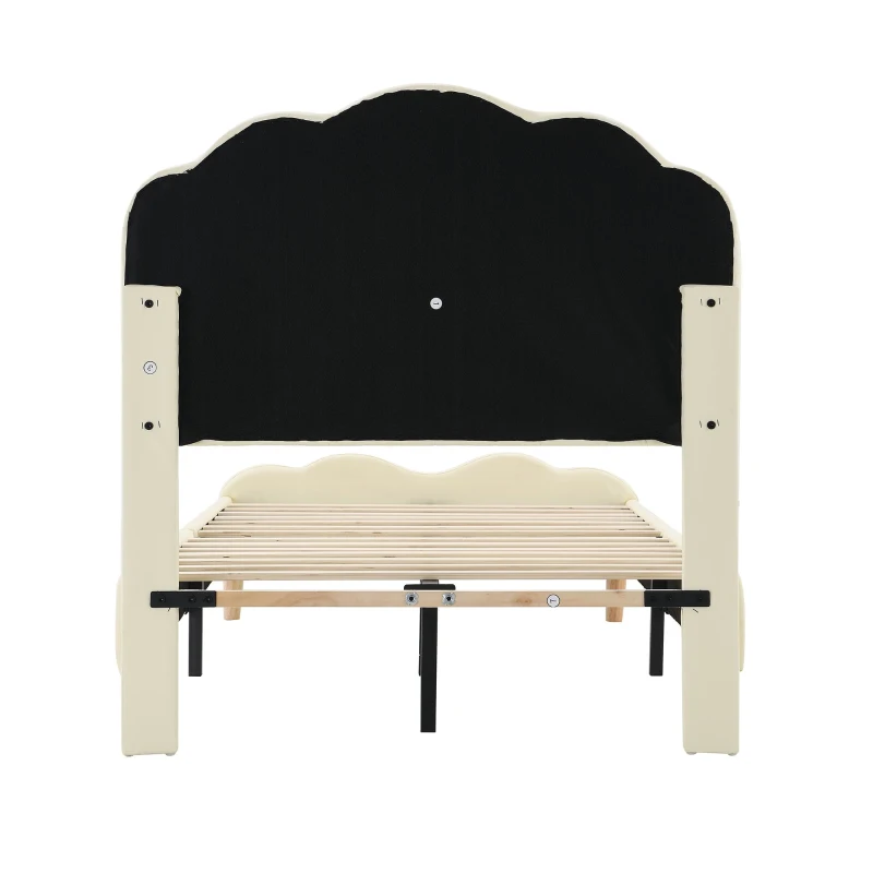 Lit rembourré avec tête de lit ondulée et bande LED, lit pour enfants avec lattes en bois, sans matelas, 90×200 cm, Blanc