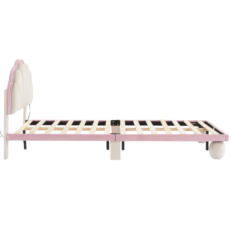 Lit rembourré avec bande lumineuse LED et tête de lit ondulée, pieds rembourrés, sans matelas, 90×200 cm, Blanc+Rose