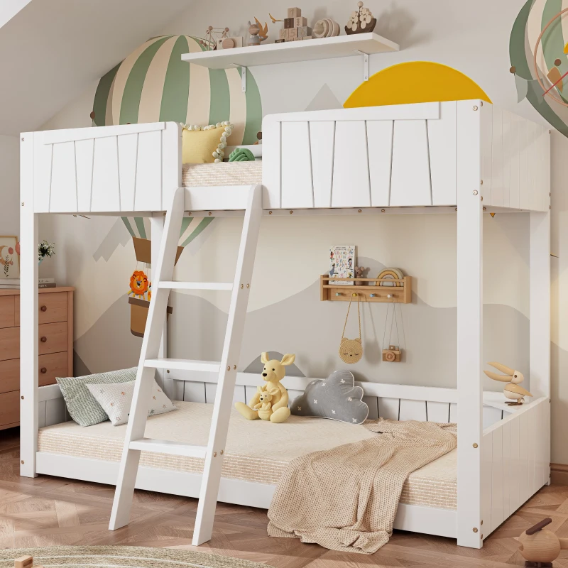 Letto a castello per bambini 6+ anni con scala a tre gradini e barriera di sicurezza, 90x200 cm, Bianco