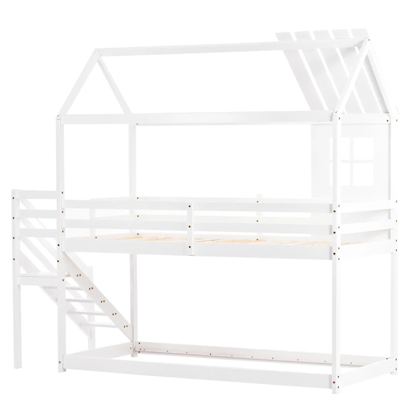 Letto a castello con scala e finestra, letto per bambini con protezione anticaduta e sponde, senza materasso, 200x90 cm, Bianco
