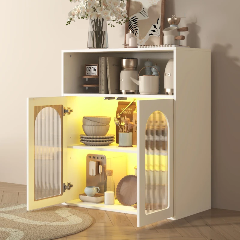 Sideboard mit Glastür und LED-Licht, unabhängiger Schrank, Küche, Wohnzimmer, 70×35×90 cm，Weiß