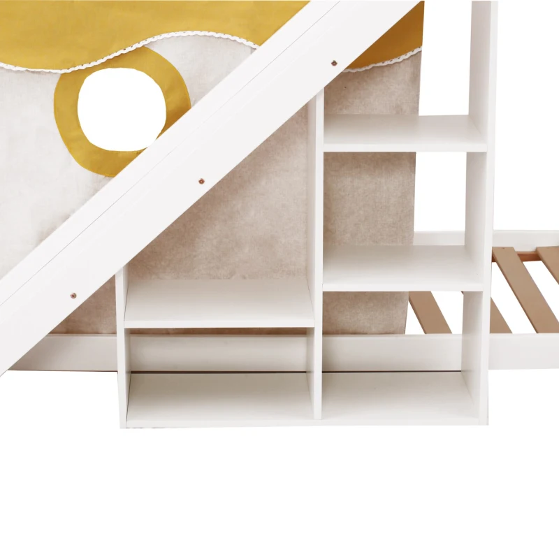 Letto a castello per bambini 6+ anni con scala, scivolo e scaffale, 90×200 cm, Bianco