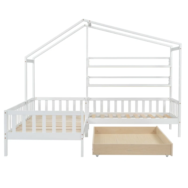 Letto per bambini con cassetti e scaffali, struttura a L, senza materasso, 90x200 cm+140x70 cm, Bianco