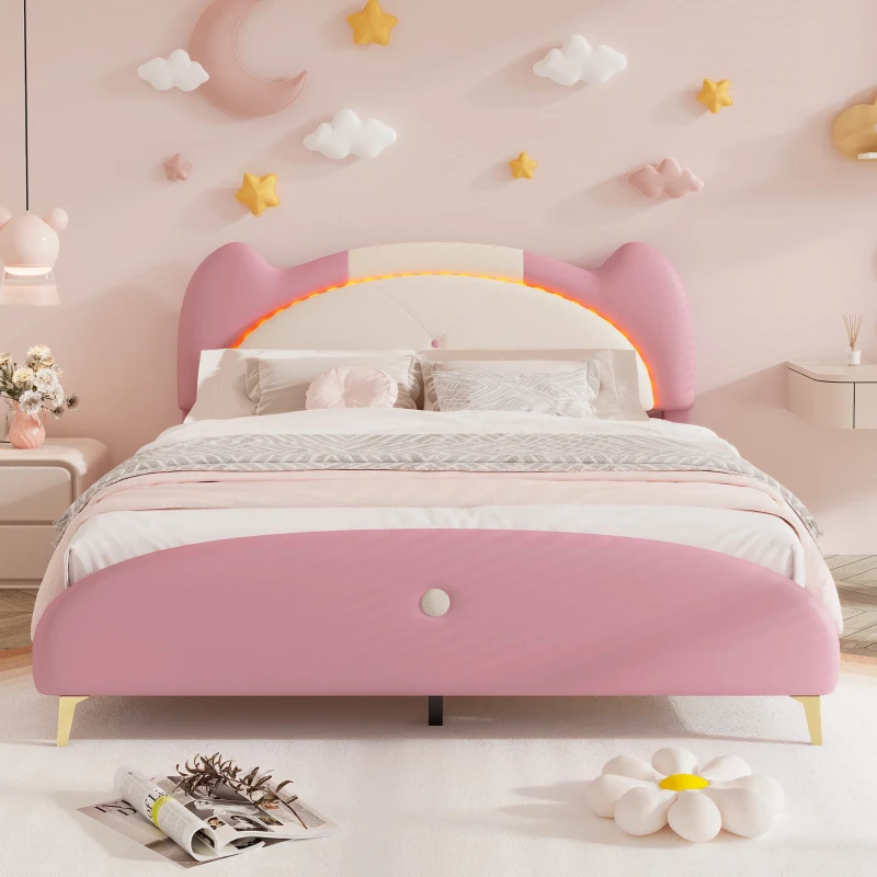 Letto Imbottito con Striscia LED e Doghe in Legno, Letto con Testiera, Rivestimento in Pelle PU, Senza Materasso, 140×200 cm, Bianco e Rosa