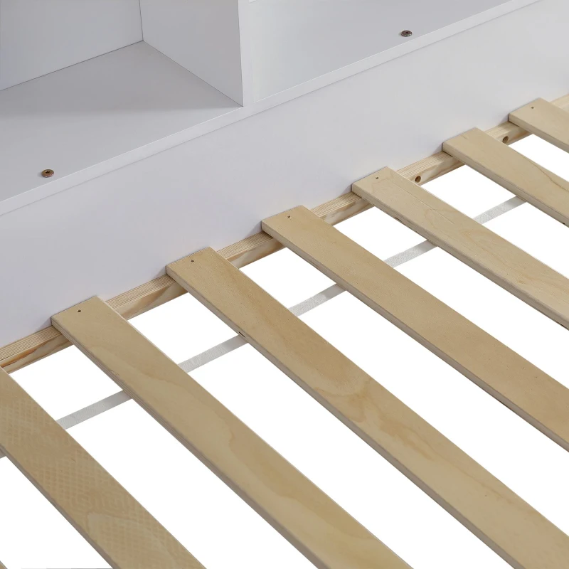 Letto per bambini con quattro scomparti a scaffale e letto estraibile, letto a casetta, 90x200 cm & 90x190 cm, Bianco+naturale