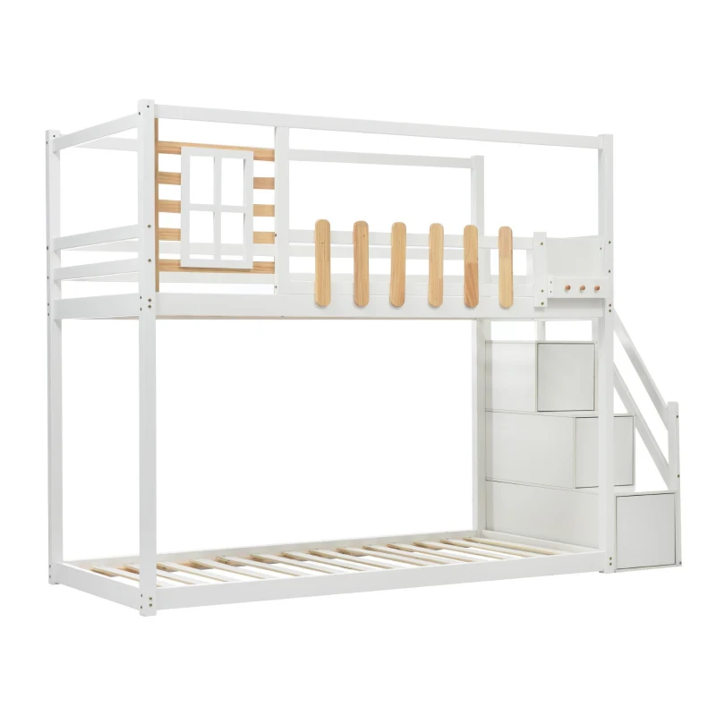 Lit superposé avec escalier, fenêtre et étagère, sans matelas, 90×200 cm, Blanc