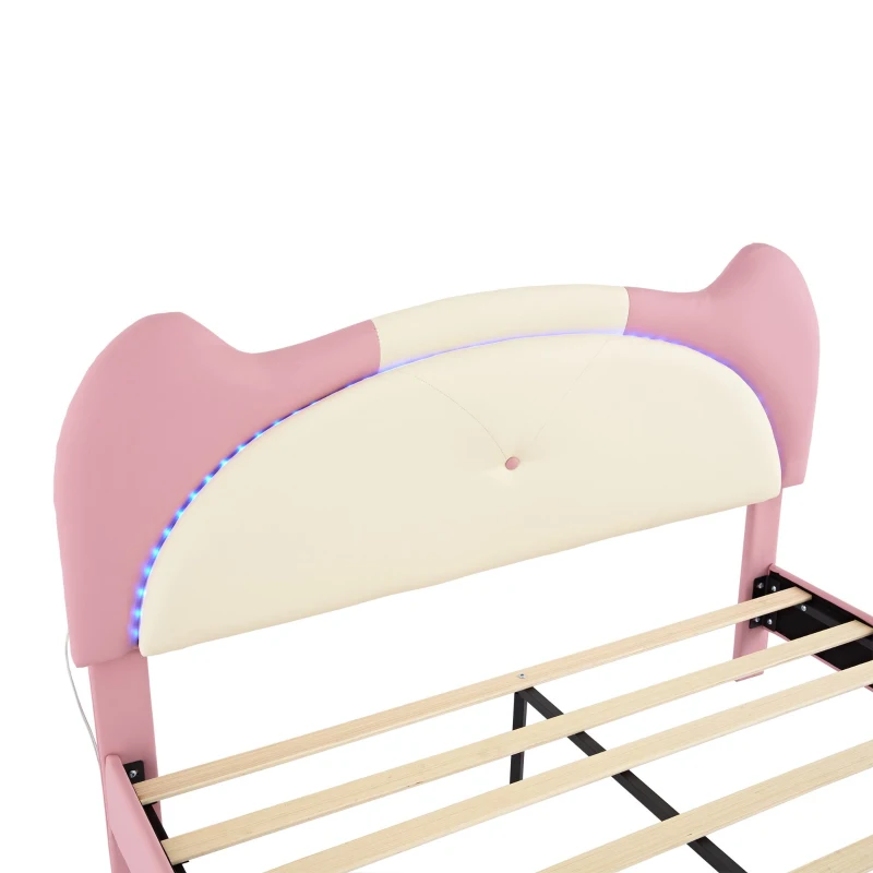 Letto Imbottito con Striscia LED e Doghe in Legno, Letto con Testiera, Rivestimento in Pelle PU, Senza Materasso, 140×200 cm, Bianco e Rosa