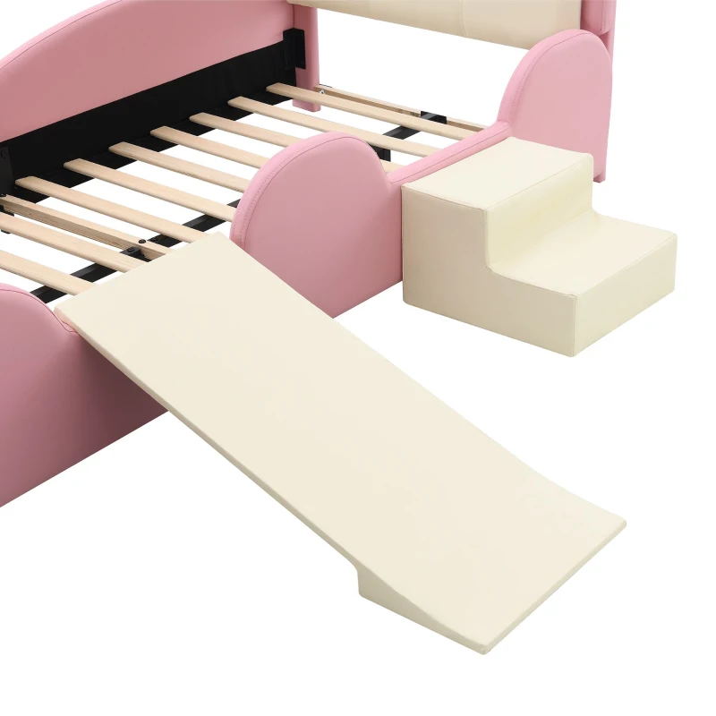 Letto Principessa con Striscia LED, Scivolo e Scala, Design Cartoon con Corona, Senza Materasso, 90x200 cm, Rosa