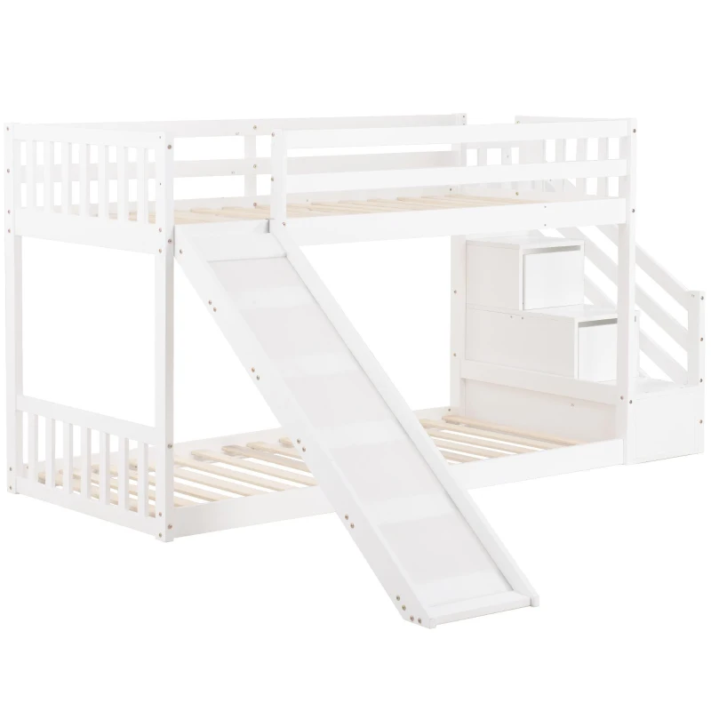 Lit superposé avec escalier et toboggan, lit pour enfants avec 2 tiroirs, sans matelas, 90x200 cm, Blanc