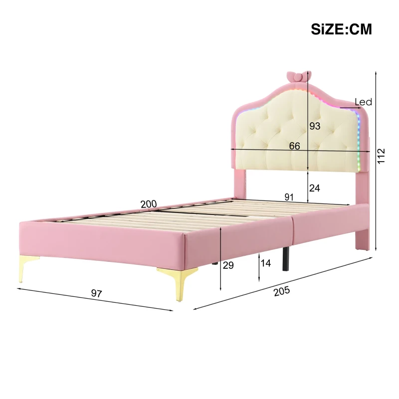 Lit rembourré avec bande LED et nœud rose, sans matelas, 90×200 cm, Blanc+Rose