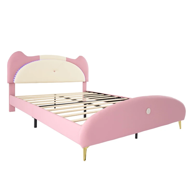 Letto Imbottito con Striscia LED e Doghe in Legno, Letto con Testiera, Rivestimento in Pelle PU, Senza Materasso, 140×200 cm, Bianco e Rosa