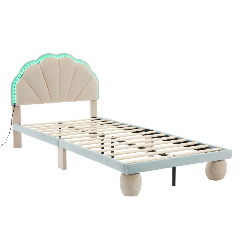 Lit rembourré avec bandes lumineuses multicolores et tête de lit ondulée, sans matelas, 90×200 cm, Bleu+Crème