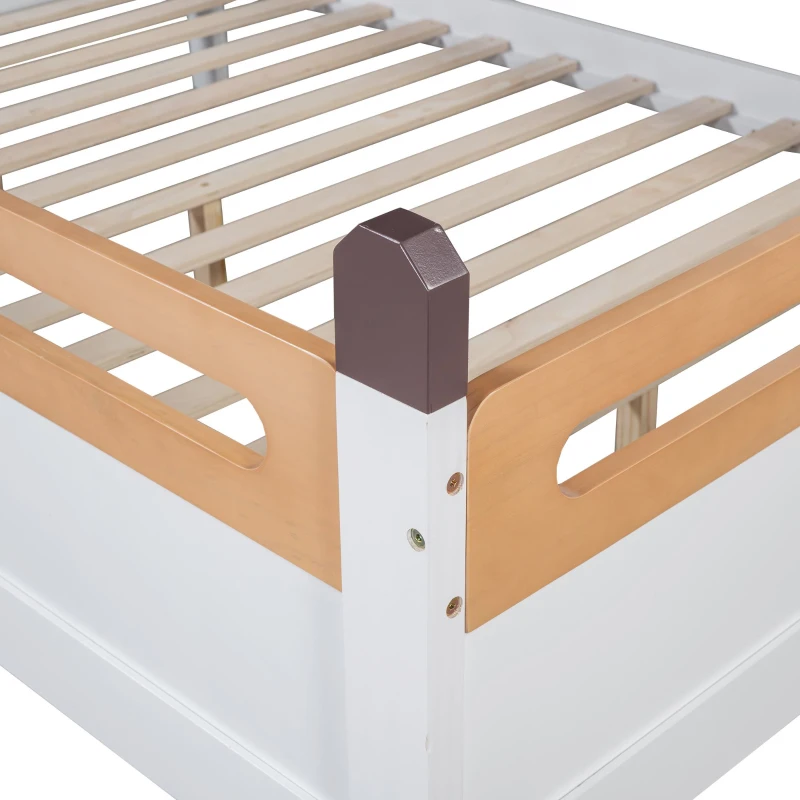 Lit pour enfant avec barrière de sécurité et grille, sans matelas, 140x200 cm, Blanc+Naturel