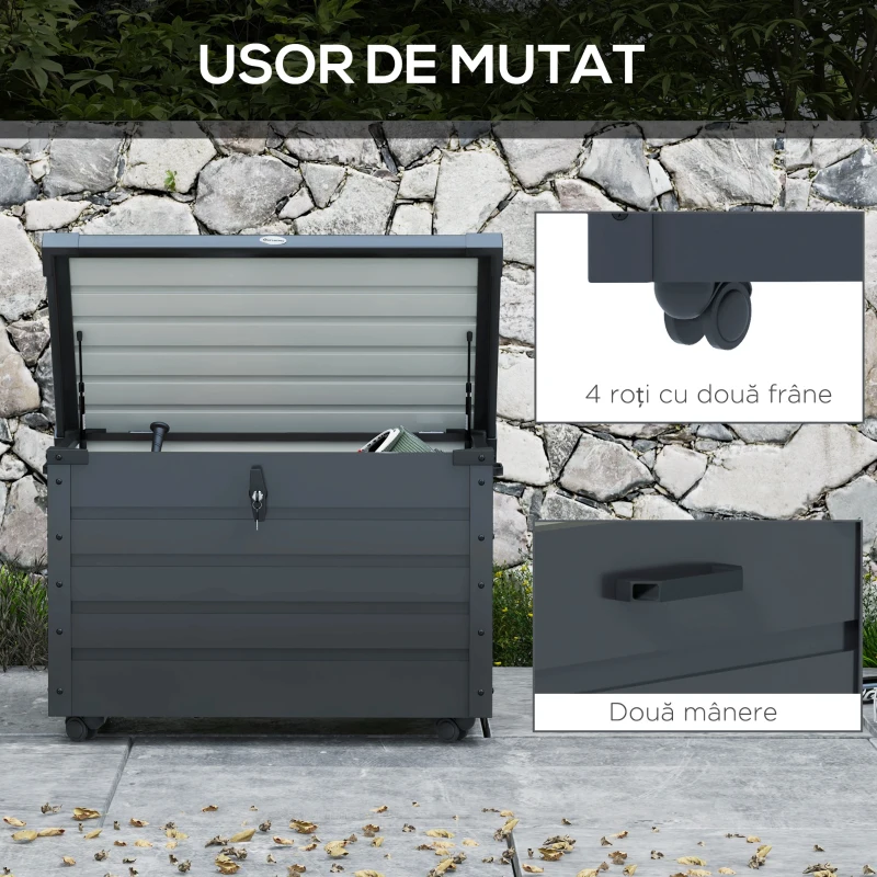 Outsunny Ladă de Grădină de 295L cu Încuietoare, 2 Mânere și 4 Rotile, Mobilier Depozitare din Oțel, 100x62x65 cm, Gri