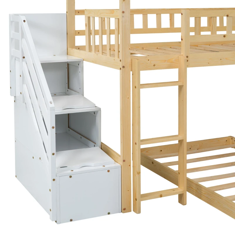 Letto a castello per bambini 6+ anni con scala e scivolo, spazio contenitore,90x200 cm, naturale