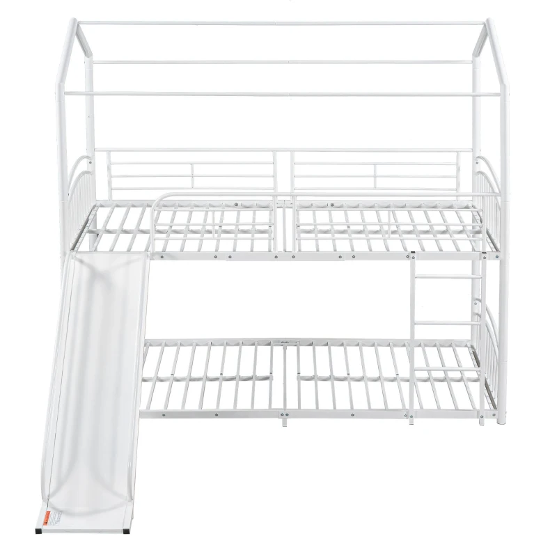 Lit superposé avec escalier et toboggan, cadre en métal, sans matelas, 200x90 cm, Blanc
