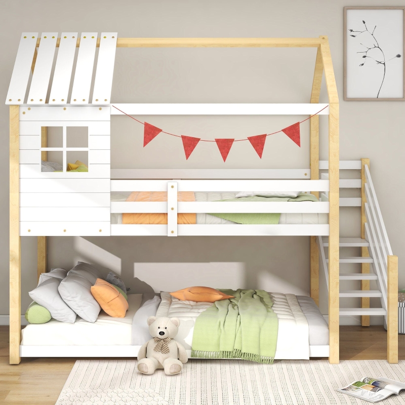 NNJN Letto a castello con scala ad angolo retto, letto con recinzioni e porte, culla con protezione anticaduta e griglia in legno massello, naturale (200 x 90 cm) (bianco