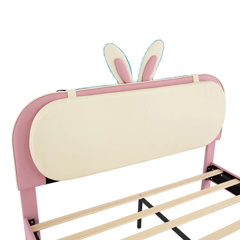 Letto Imbottito con Testiera a Forma di Coniglio e Striscia LED, Letto per Cameretta Senza Materasso, in Pelle PU e MDF, 140x200 cm, Bianco e Rosa