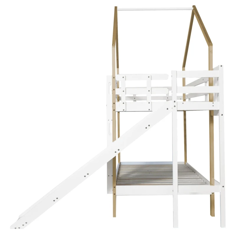 Lit superposé avec toboggan et échelle à trois marches, avec barrière de sécurité, sans matelas, 200x90 cm, Blanc