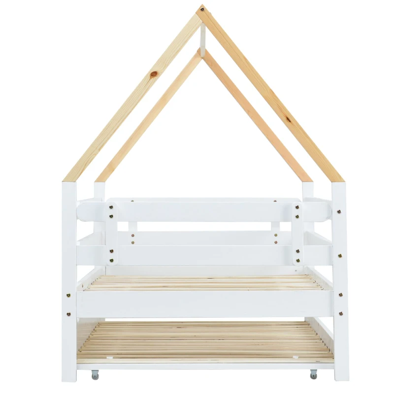 Letto a Casetta Con Letto Estraibile e Ruote, Letto Per Cameretta Senza Materasso, in Legno, 90x200&90x190 cm, Bianco