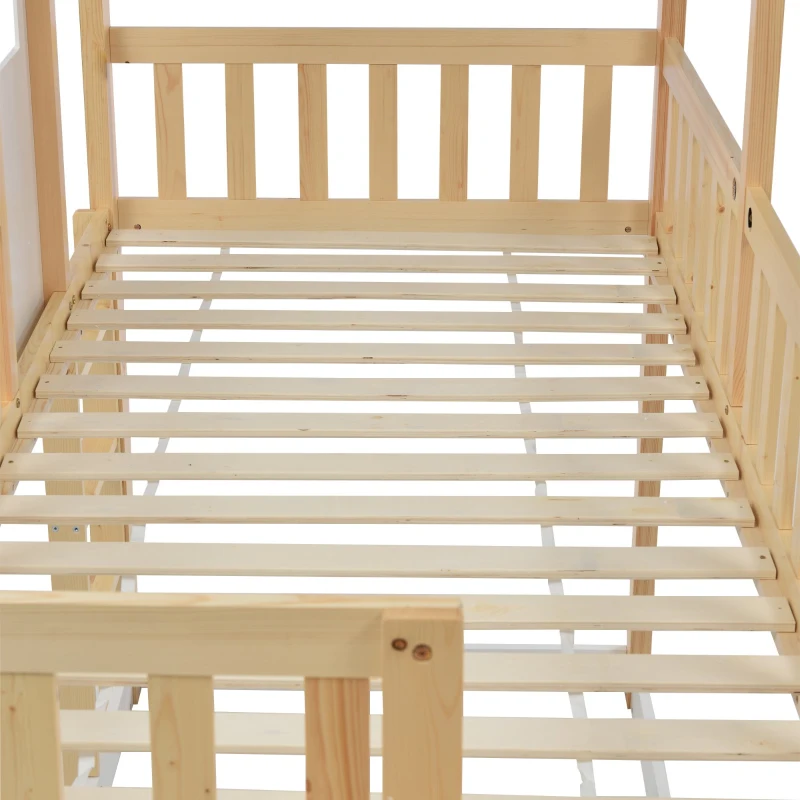 Letto a castello per bambini 6+ anni con scala ad angolo retto e scivolo, letto a casetta, 200x90 cm,naturale